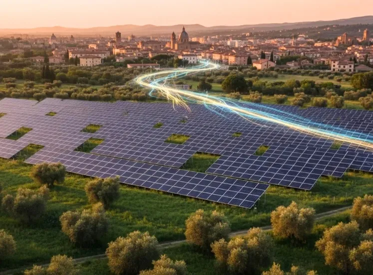 Impianto fotovoltaico tra gli ulivi con città storica e scie di energia pulita al tramonto.